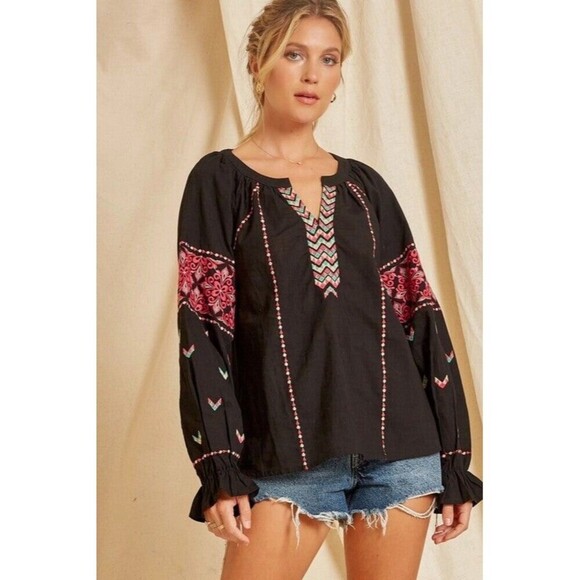 Savanna Jane Tops - Savanna Jane Top Small Black Embroidered Sleeve Boho Peasant Folk Artisan NWT